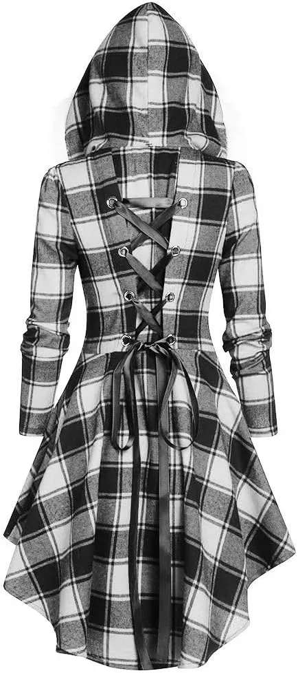 Womens Furry Hooded Jackets Plaid Printed Plush Button Asymmetric Long Tops Cloak Button Gothic Coats