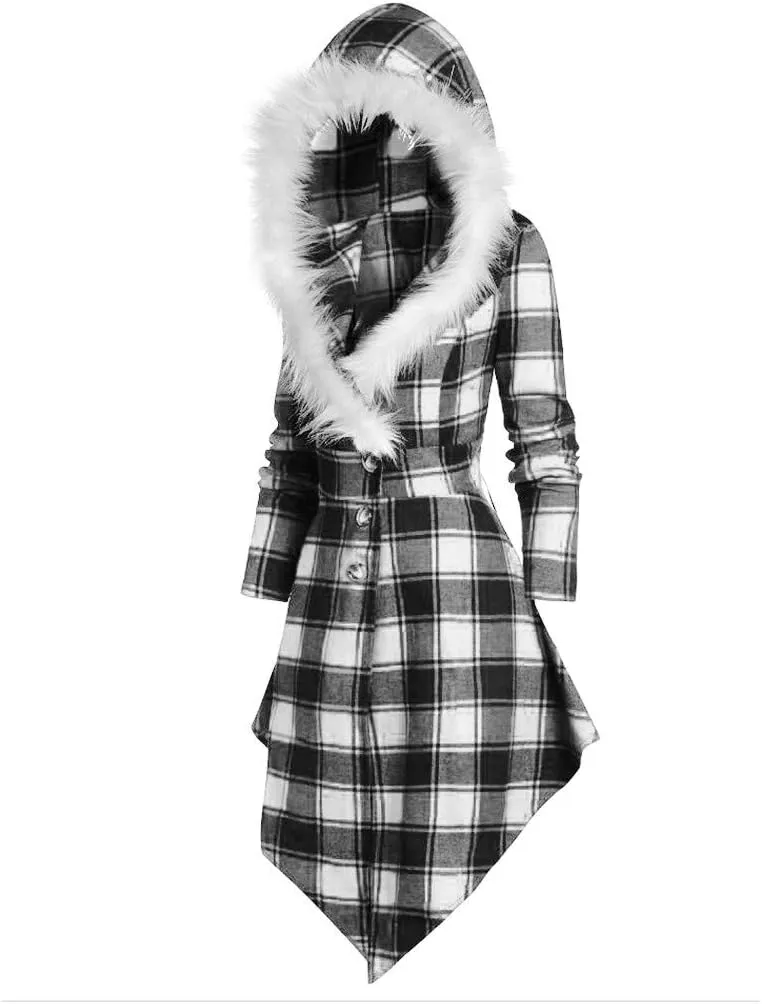 Womens Furry Hooded Jackets Plaid Printed Plush Button Asymmetric Long Tops Cloak Button Gothic Coats