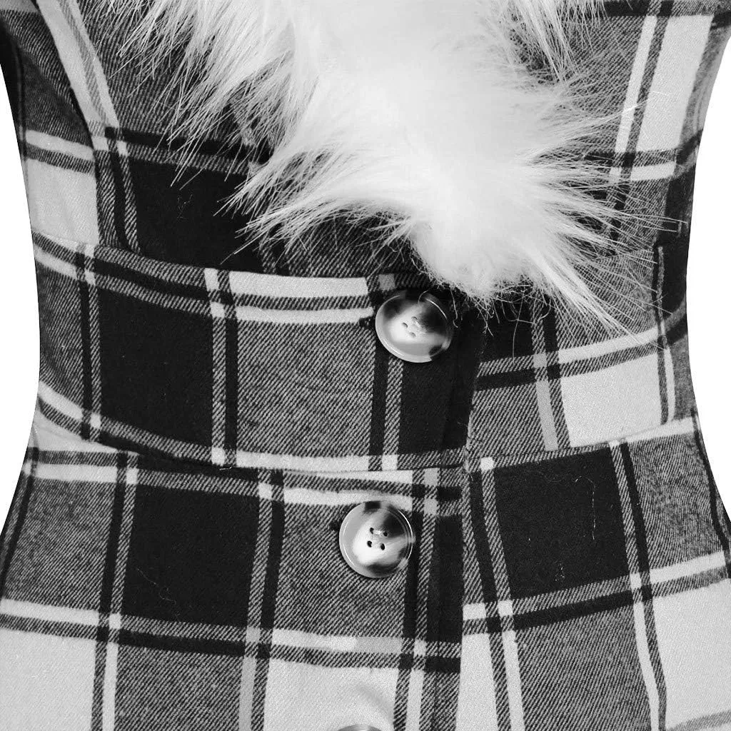 Womens Furry Hooded Jackets Plaid Printed Plush Button Asymmetric Long Tops Cloak Button Gothic Coats