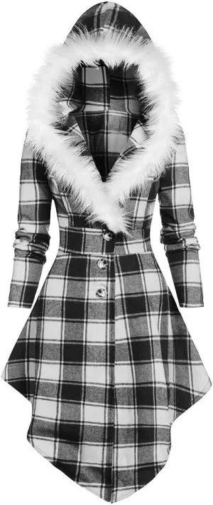Womens Furry Hooded Jackets Plaid Printed Plush Button Asymmetric Long Tops Cloak Button Gothic Coats