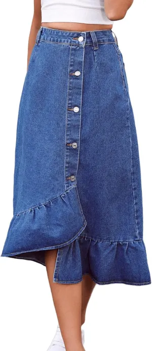 Women's High Waisted Denim Skirts A Line Midi Length with Ruffle Hem Asymmetric Y2k Casual Blue Jean Skirt