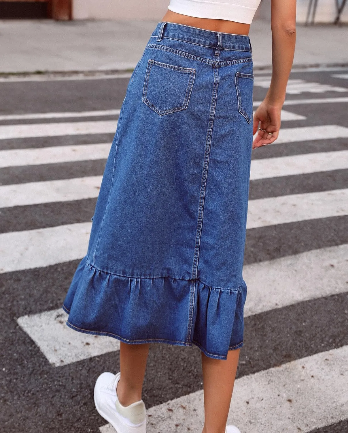 Women's High Waisted Denim Skirts A Line Midi Length with Ruffle Hem Asymmetric Y2k Casual Blue Jean Skirt