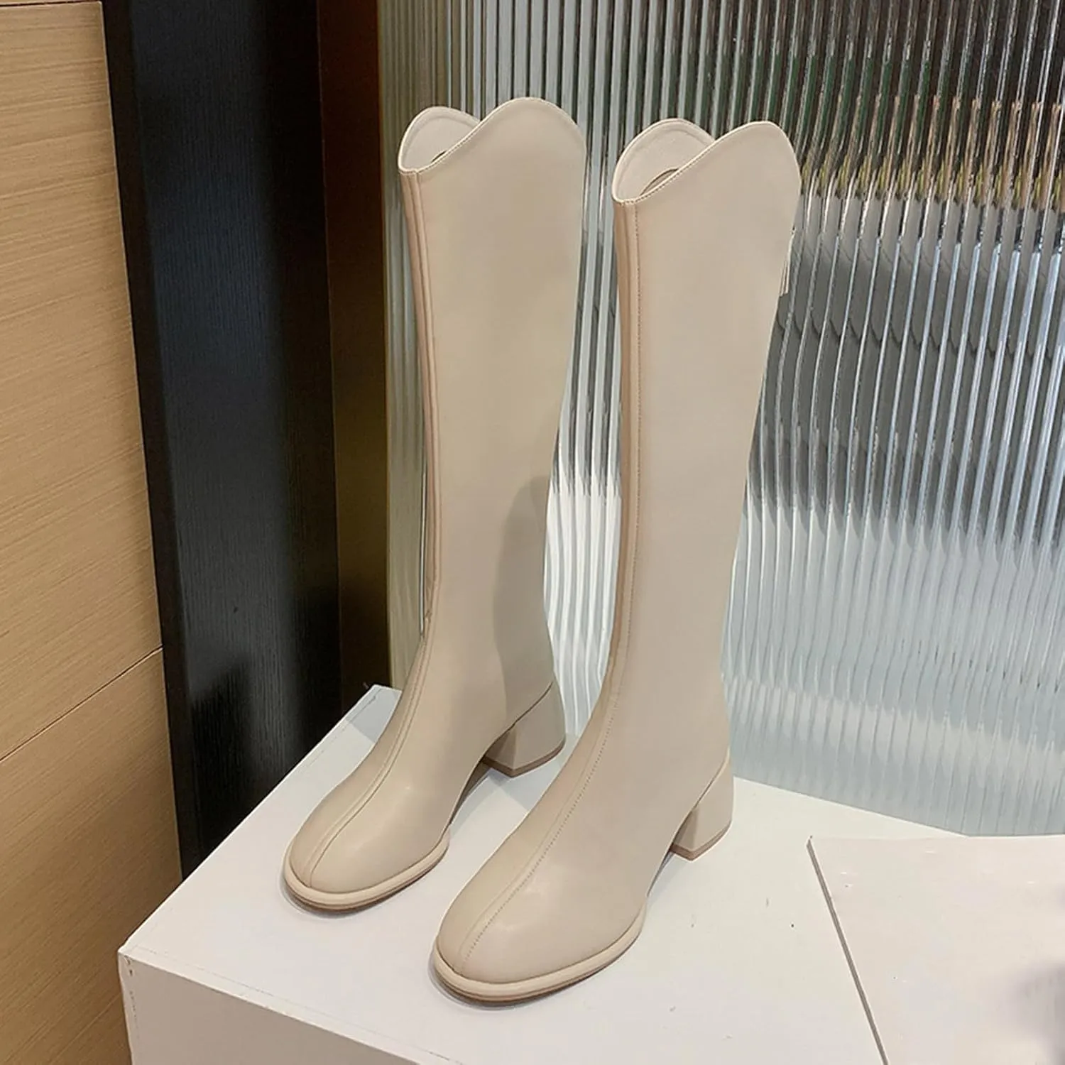 Women's Knee High Boots Chunky Block Heel Square Toe Tall Riding Boots Back Zipper Fashion PU Slim Fit Leg Booties