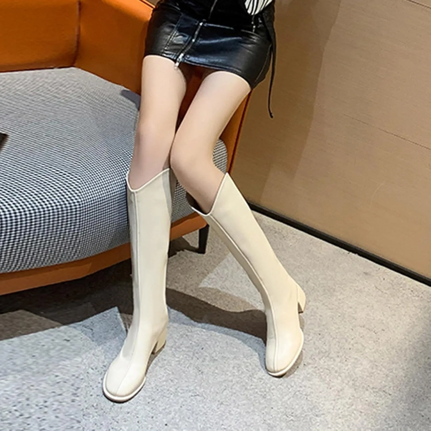 Women's Knee High Boots Chunky Block Heel Square Toe Tall Riding Boots Back Zipper Fashion PU Slim Fit Leg Booties