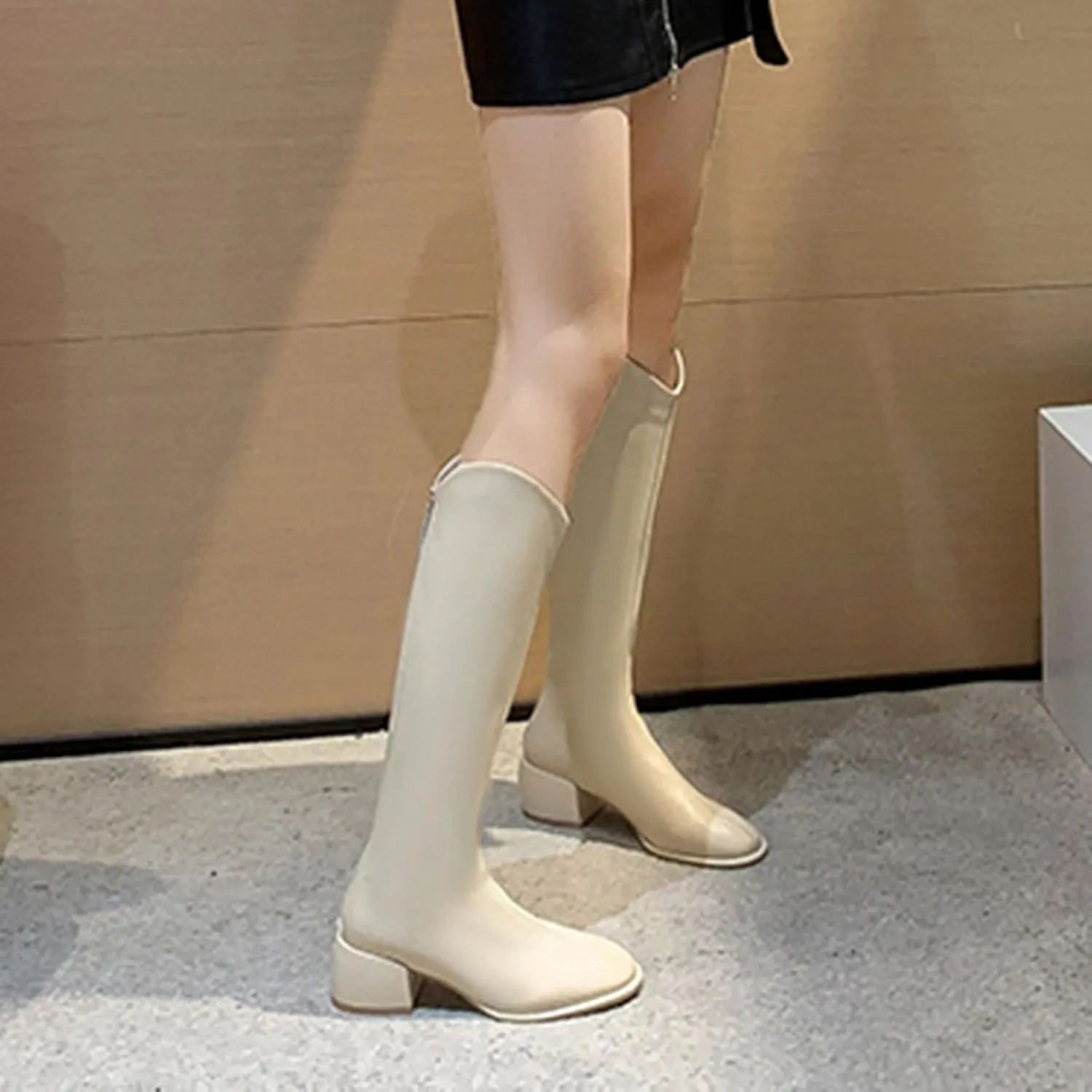 Women's Knee High Boots Chunky Block Heel Square Toe Tall Riding Boots Back Zipper Fashion PU Slim Fit Leg Booties