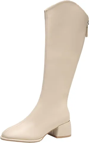 Women's Knee High Boots Chunky Block Heel Square Toe Tall Riding Boots Back Zipper Fashion PU Slim Fit Leg Booties