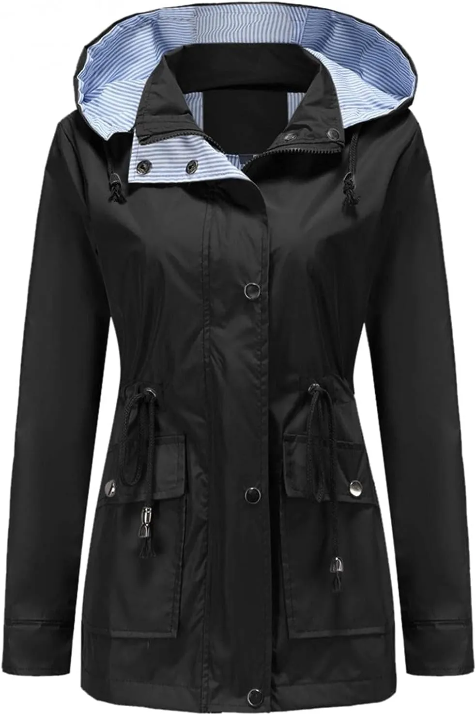 Women's Ligtweight Jackets Anorak Utility Drawstring Waist Hoodie Zip Up Fall Casual Trench Coat with Pockets