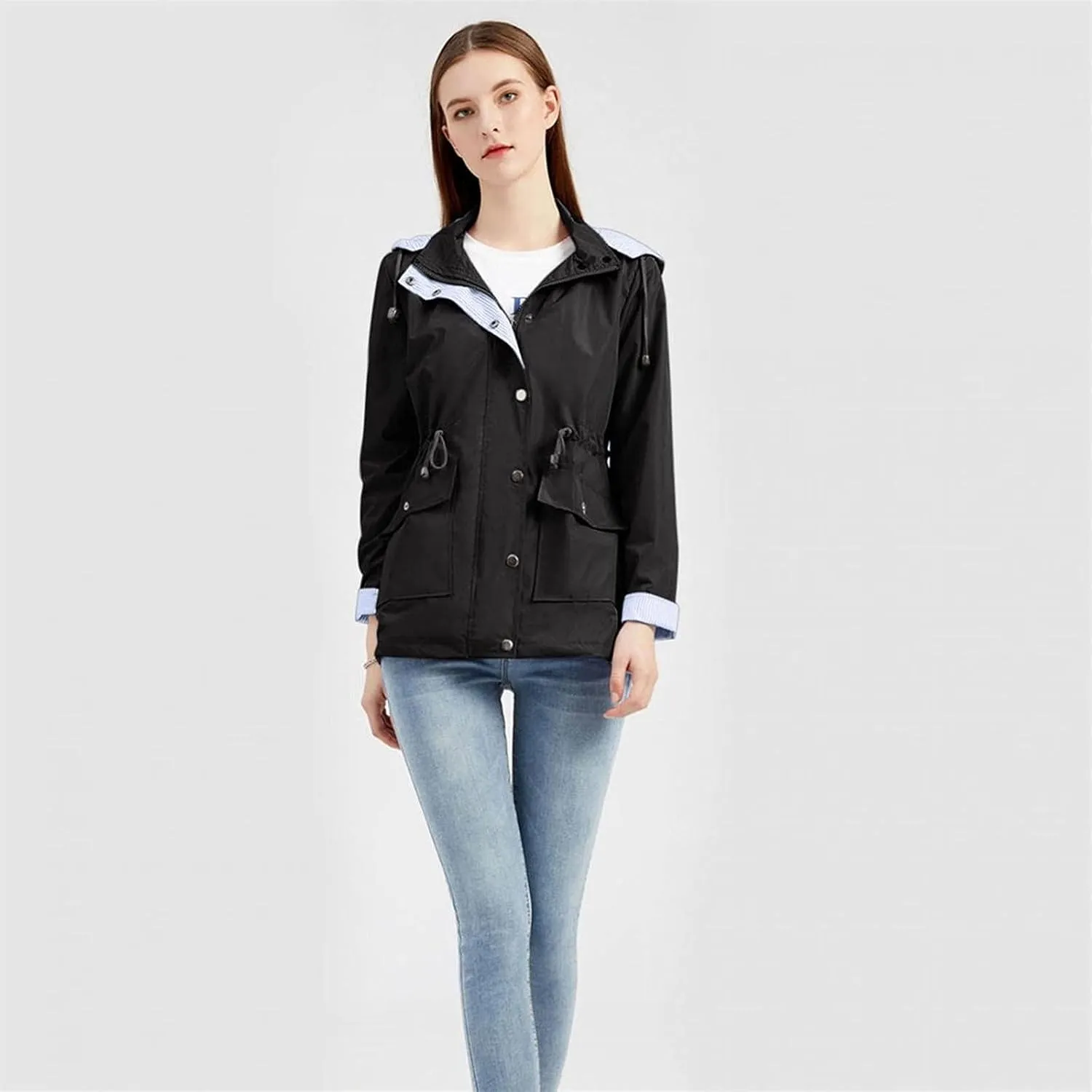 Women's Ligtweight Jackets Anorak Utility Drawstring Waist Hoodie Zip Up Fall Casual Trench Coat with Pockets