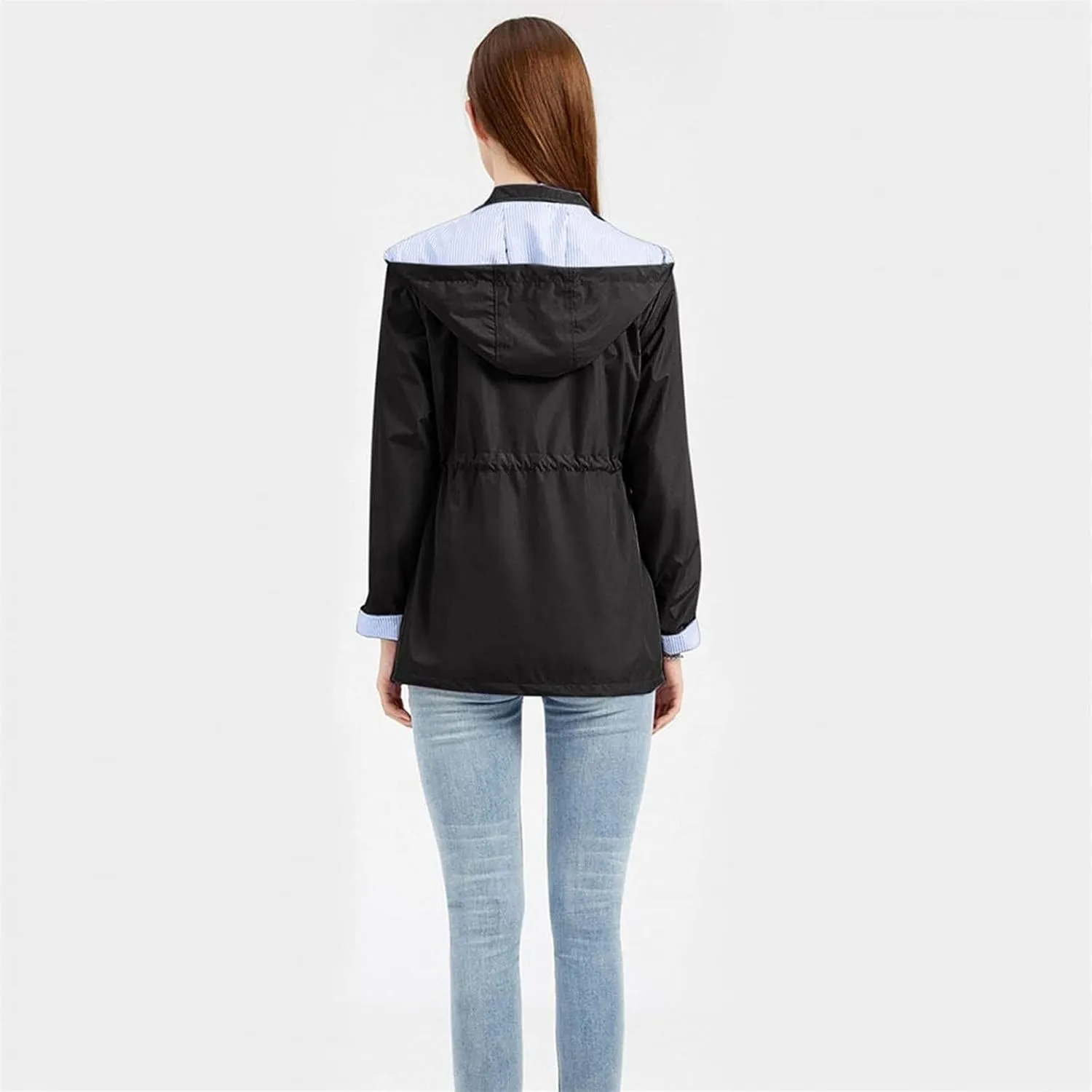 Women's Ligtweight Jackets Anorak Utility Drawstring Waist Hoodie Zip Up Fall Casual Trench Coat with Pockets