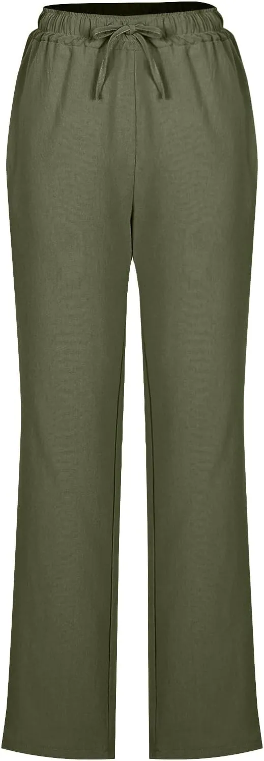 Women's Linen Summer Pants Comfy Travel Pants High Waisted Trendy Work Pants Straight Leg Casual Pants with Pockets