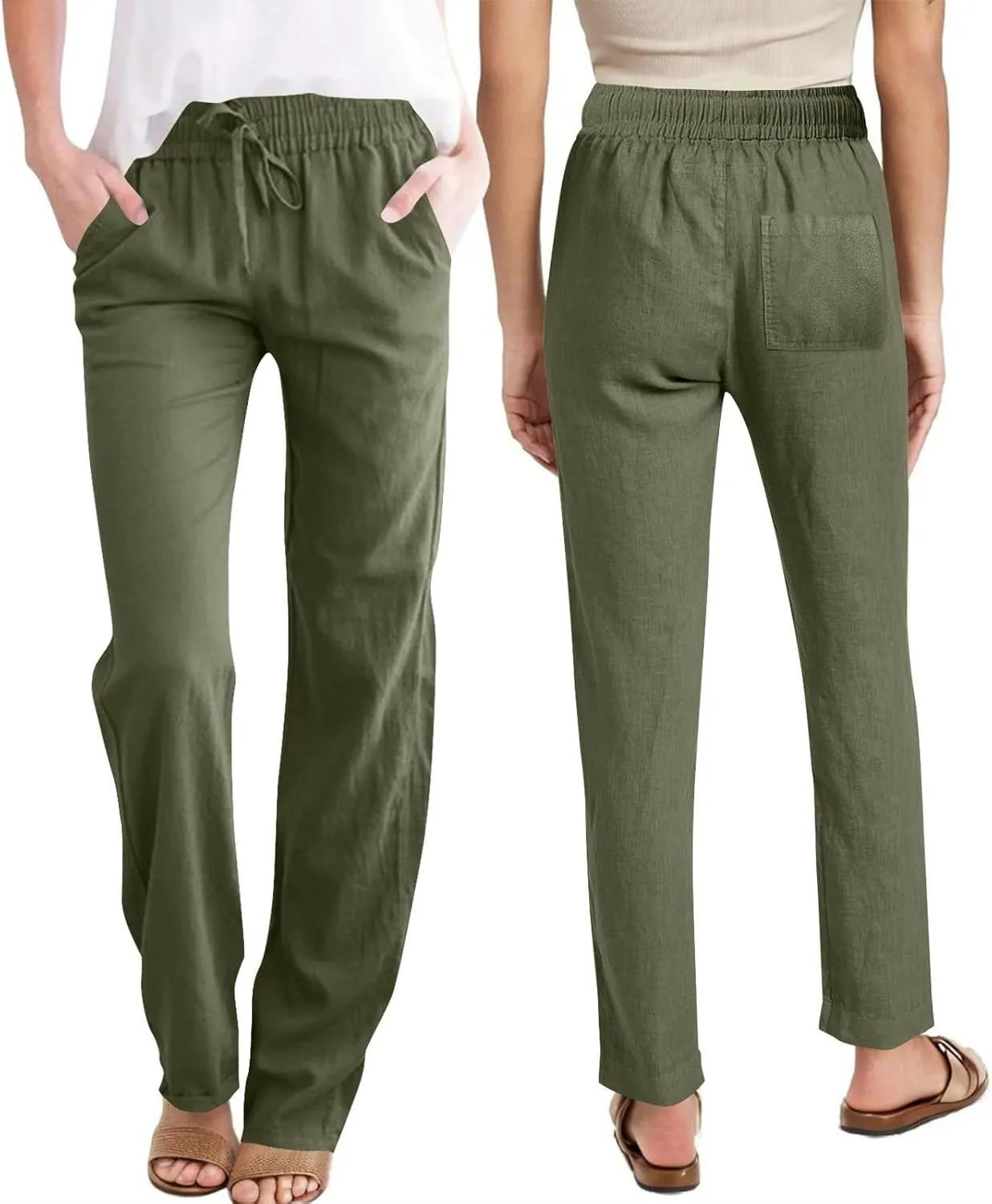 Women's Linen Summer Pants Comfy Travel Pants High Waisted Trendy Work Pants Straight Leg Casual Pants with Pockets