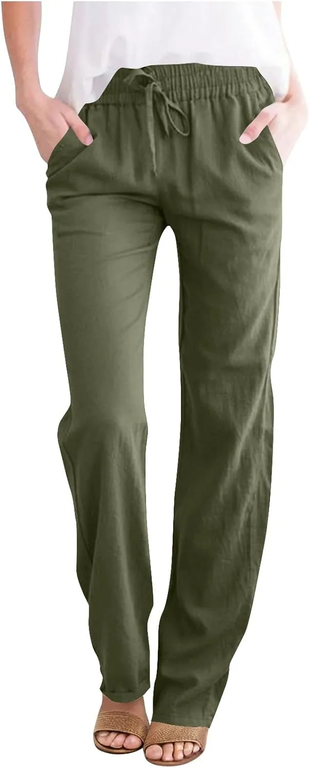 Women's Linen Summer Pants Comfy Travel Pants High Waisted Trendy Work Pants Straight Leg Casual Pants with Pockets
