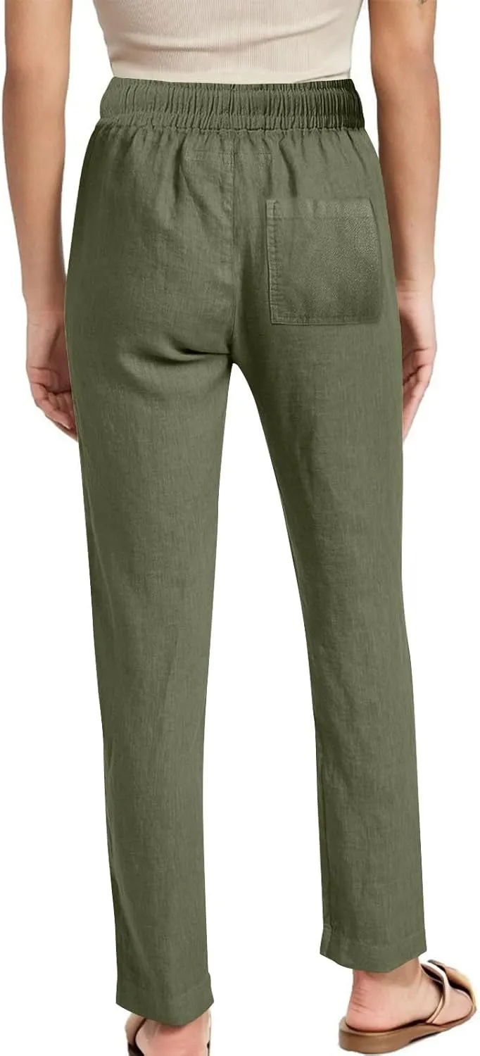Women's Linen Summer Pants Comfy Travel Pants High Waisted Trendy Work Pants Straight Leg Casual Pants with Pockets