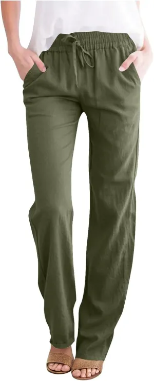 Women's Linen Summer Pants Comfy Travel Pants High Waisted Trendy Work Pants Straight Leg Casual Pants with Pockets