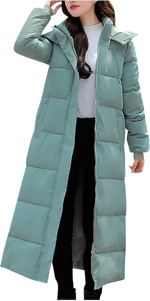 Womens Long Hooded Puffer Jackets Plus Size Lightweight Quilted Jackets Thicken Down Coats Warm Outerwear with Pockets