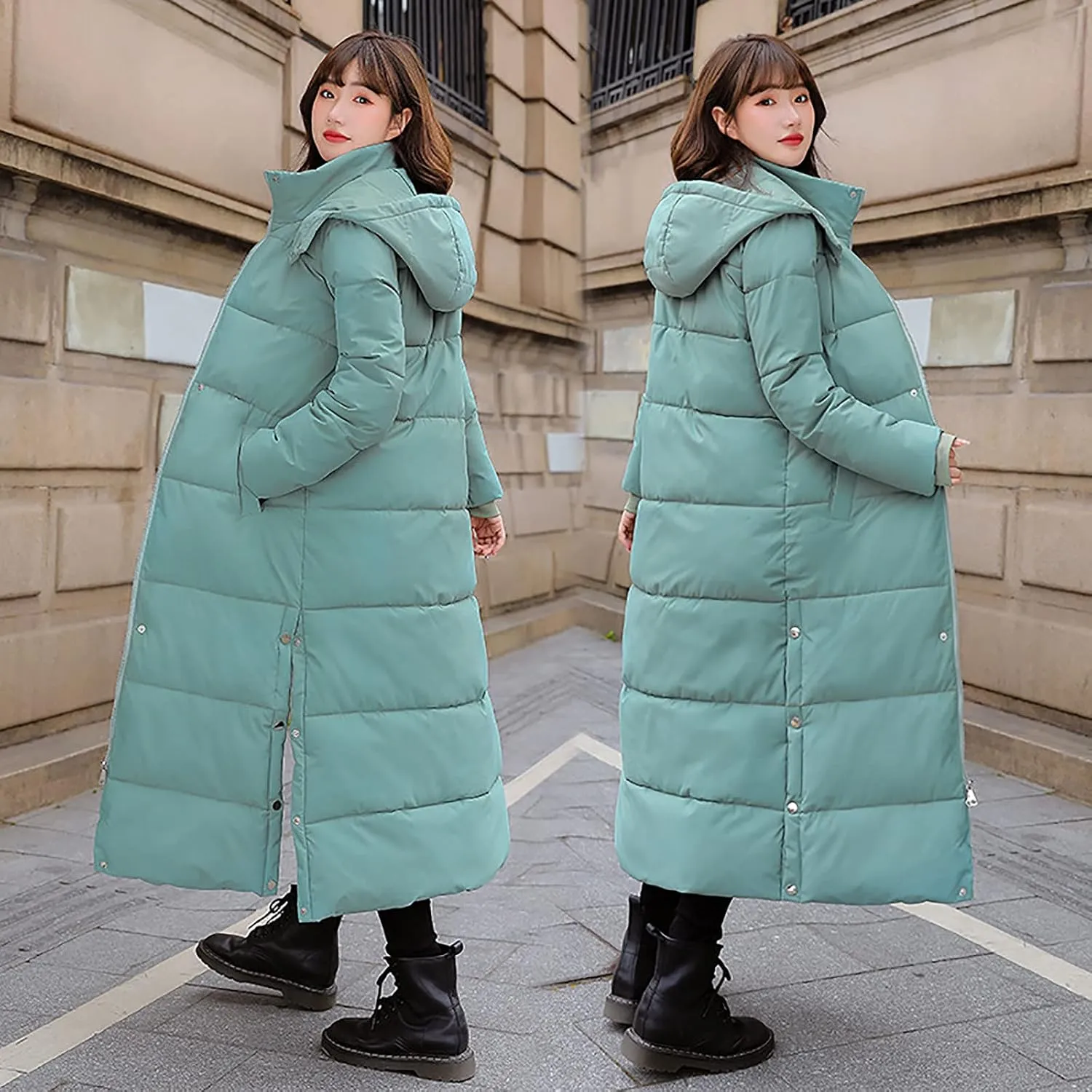 Womens Long Hooded Puffer Jackets Plus Size Lightweight Quilted Jackets Thicken Down Coats Warm Outerwear with Pockets