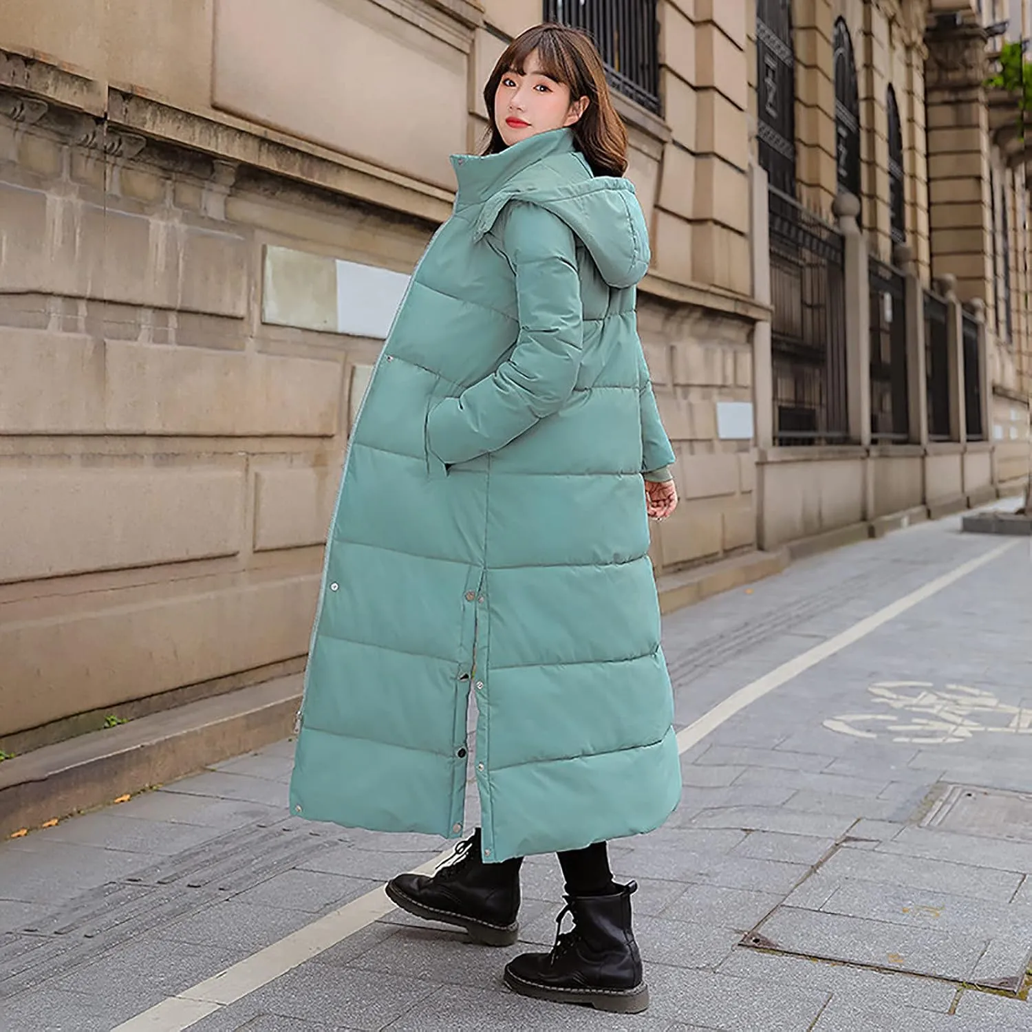 Womens Long Hooded Puffer Jackets Plus Size Lightweight Quilted Jackets Thicken Down Coats Warm Outerwear with Pockets