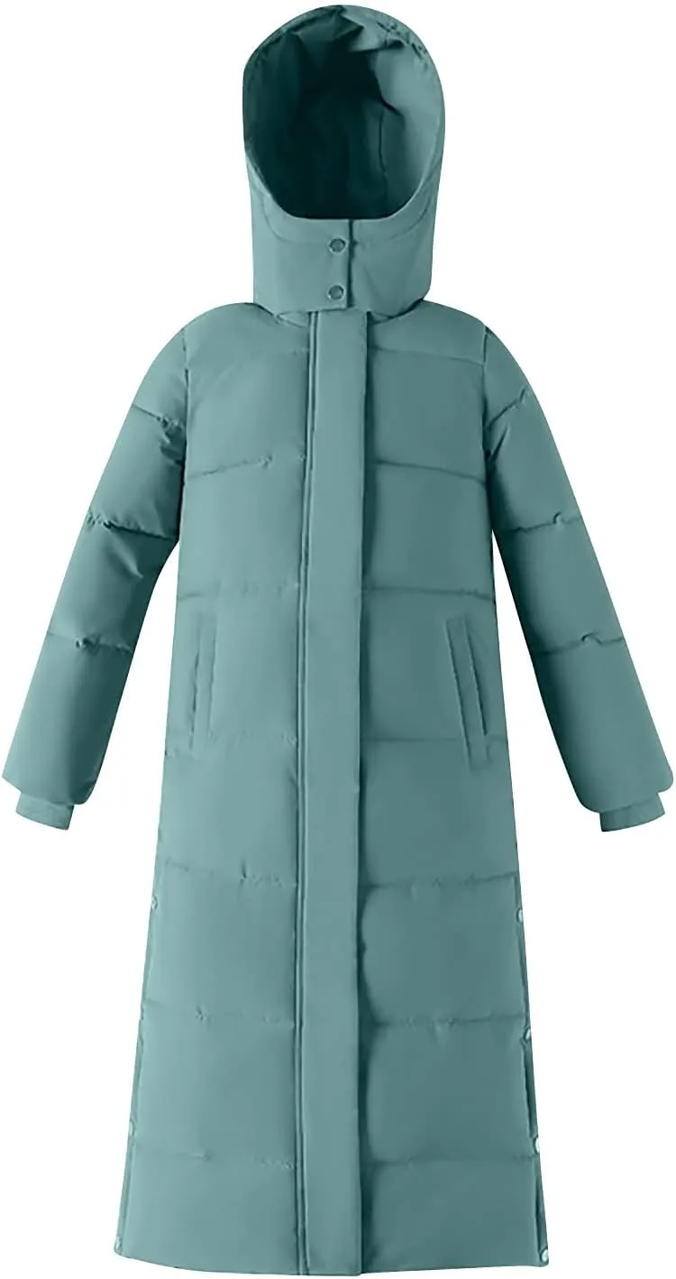 Womens Long Hooded Puffer Jackets Plus Size Lightweight Quilted Jackets Thicken Down Coats Warm Outerwear with Pockets