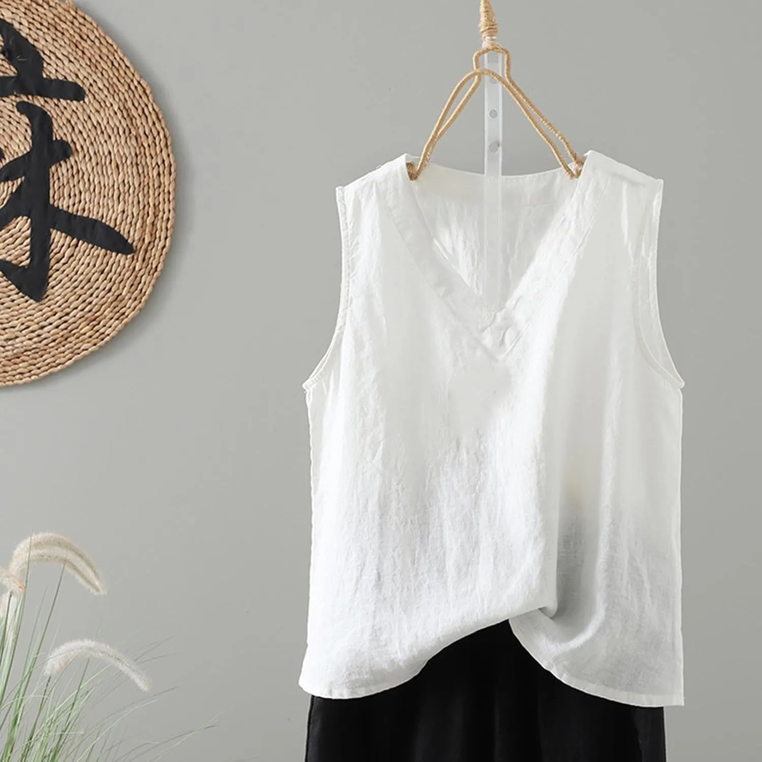 Womens Loose Fit Casual Flowy Tank Tops V Neck Trendy Sleeveless Summer Top Side Slit Shirts Solid Lightweight Tee