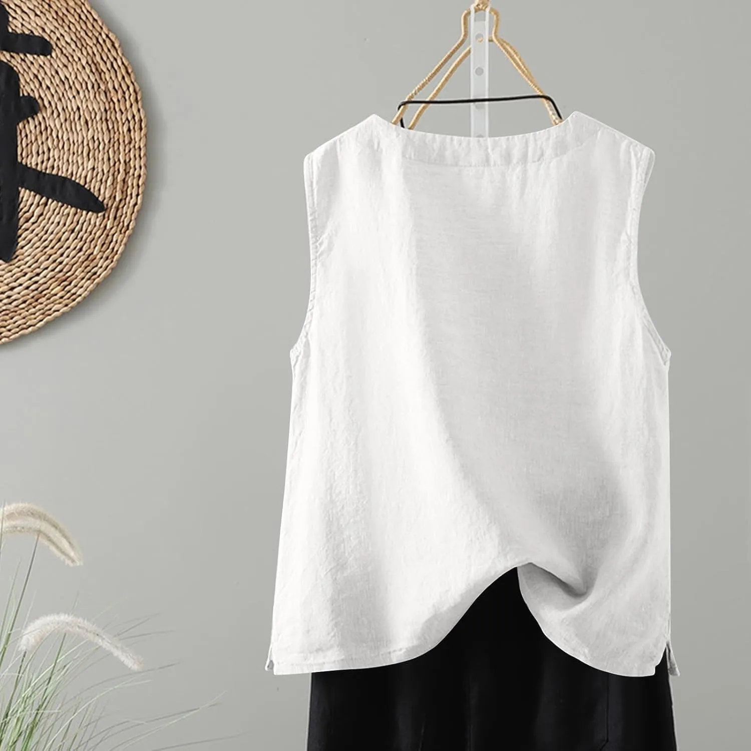 Womens Loose Fit Casual Flowy Tank Tops V Neck Trendy Sleeveless Summer Top Side Slit Shirts Solid Lightweight Tee