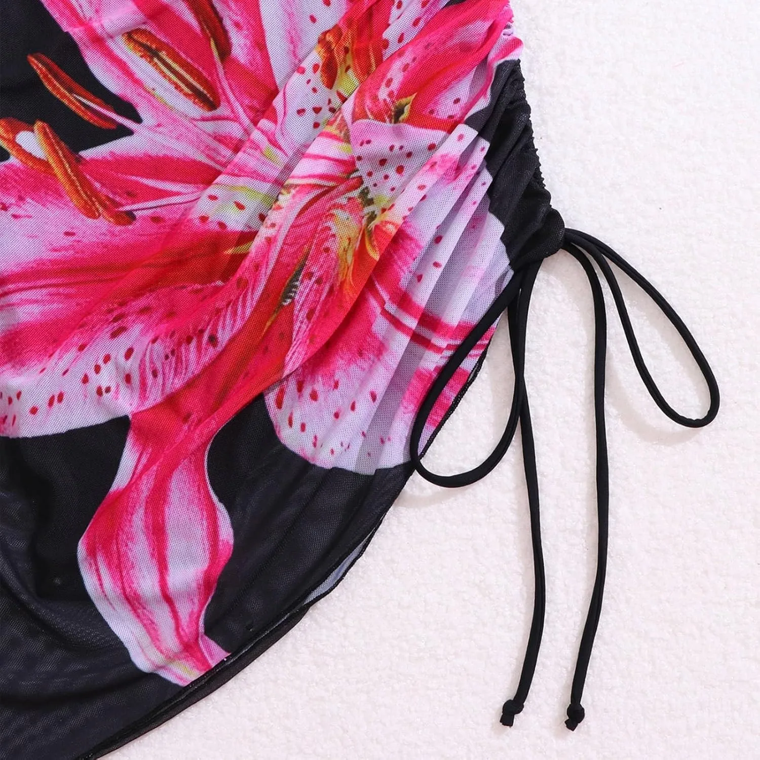 Womens Mesh One Piece Bathing Suit Tummy Control Swimsuits Deep V Neck Modest Wrap Drawstring Sarong Swimwear