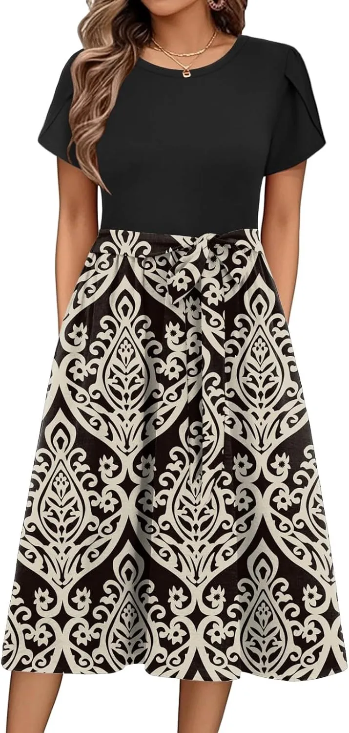 Womens Midi Dress Summer Short Sleeve Dress with Pockets 2025 Casual Floral T-Shirt Dress Flowy Beach Sundress