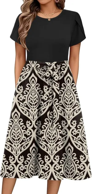 Womens Midi Dress Summer Short Sleeve Dress with Pockets 2025 Casual Floral T-Shirt Dress Flowy Beach Sundress