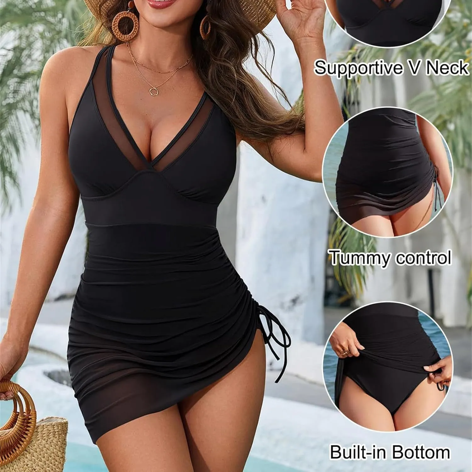 Womens One-Piece Swimsuits Tummy Control Swimwear Sexy Slimming Mesh Sheer Beach Vacation Bathing Suits for Women