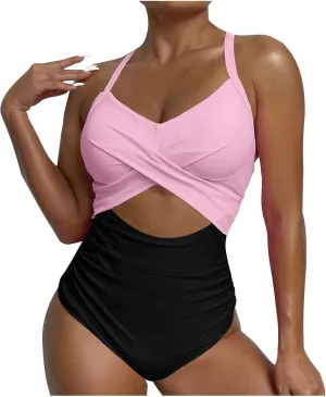 Womens One Piece Swimsuits Tummy Control Thong Monokini Cutout High Waisted Bathing Suit Criss Cross Tie Back Swimsuit