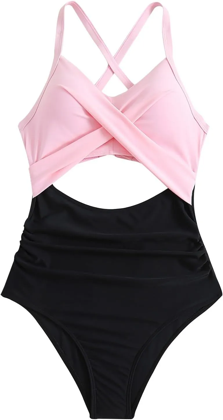 Womens One Piece Swimsuits Tummy Control Thong Monokini Cutout High Waisted Bathing Suit Criss Cross Tie Back Swimsuit