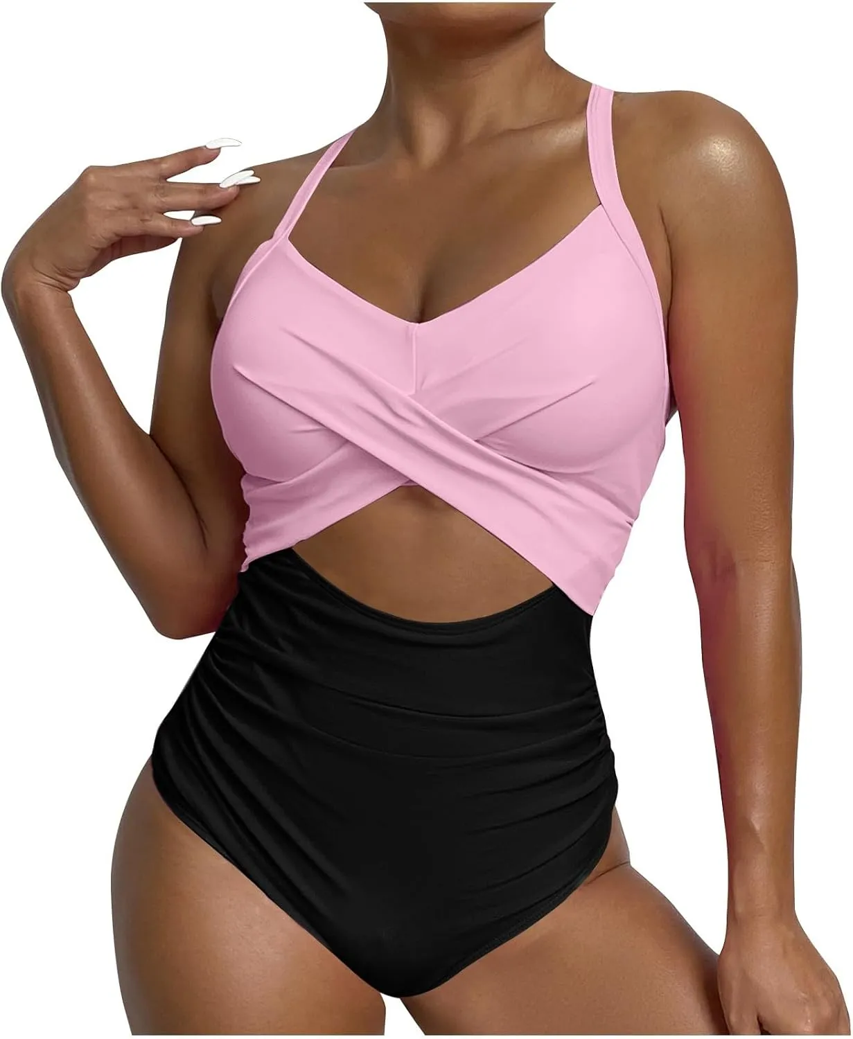 Womens One Piece Swimsuits Tummy Control Thong Monokini Cutout High Waisted Bathing Suit Criss Cross Tie Back Swimsuit