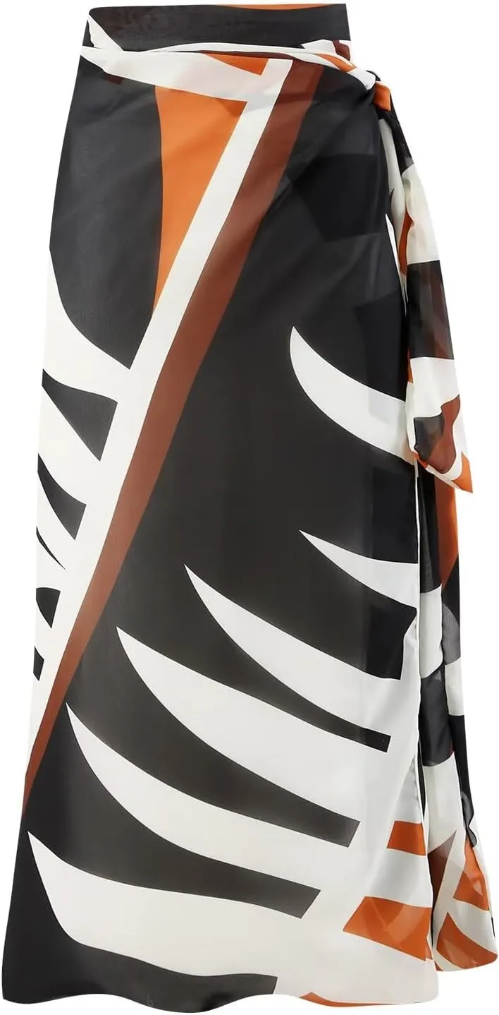 Women's One Piece Swimsuits with Beach Cover up Wrap Skirt 2 Pieces Vintage Abstract Print Bathing Suits for Women Bikini Set