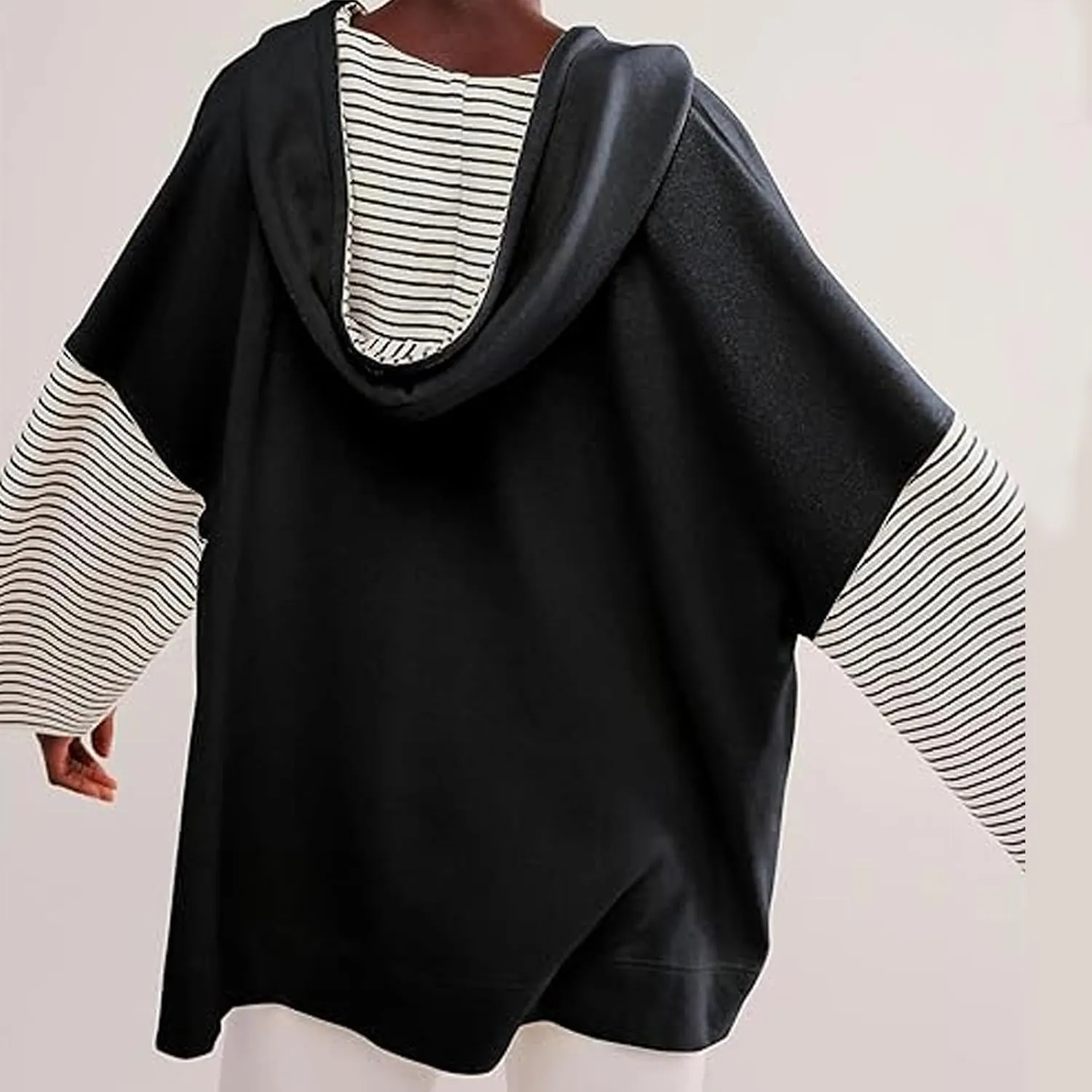 Womens Oversized Sweatshirt Striped Color Block Hoodies Drawstring Casual V Neck Long Sleeve Pullover Tops