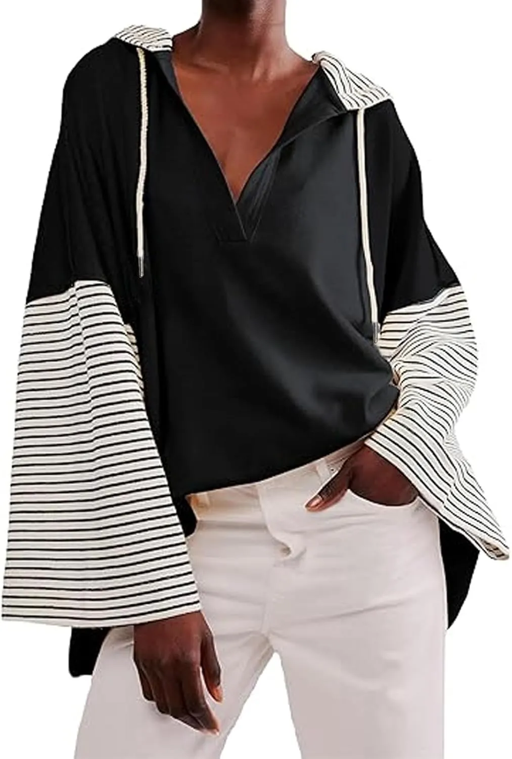 Womens Oversized Sweatshirt Striped Color Block Hoodies Drawstring Casual V Neck Long Sleeve Pullover Tops