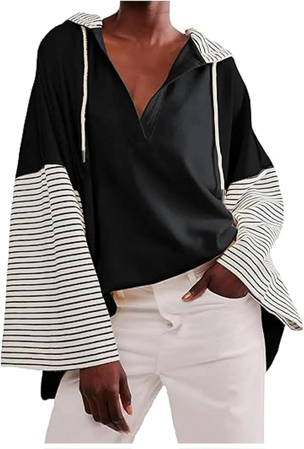 Womens Oversized Sweatshirt Striped Color Block Hoodies Drawstring Casual V Neck Long Sleeve Pullover Tops