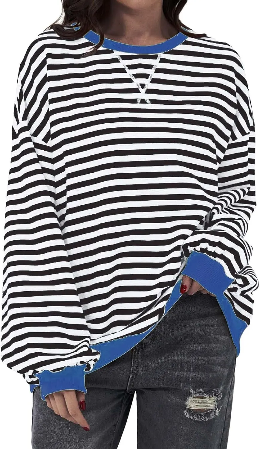 Womens Oversized Sweatshirts Striped Color Block Crewneck Long Sleeve Loose Fit Pullerover T Shirts Autumn Casual Tops
