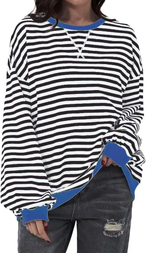 Womens Oversized Sweatshirts Striped Color Block Crewneck Long Sleeve Loose Fit Pullerover T Shirts Autumn Casual Tops