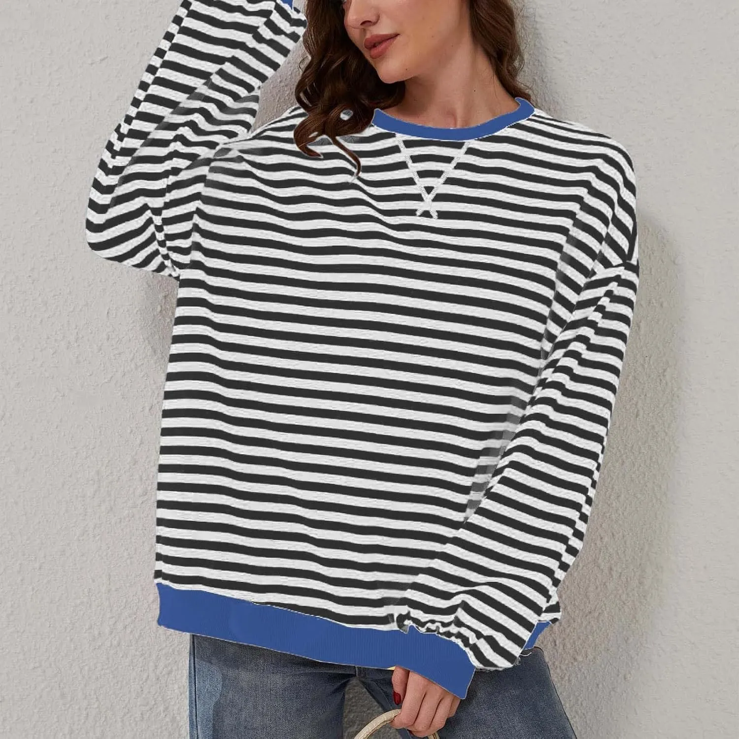 Womens Oversized Sweatshirts Striped Color Block Crewneck Long Sleeve Loose Fit Pullerover T Shirts Autumn Casual Tops