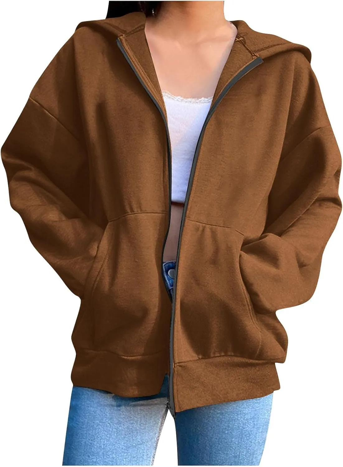 Women's Oversized Zipper V-Neck Hoodies,2024 Casual Fashion Long Sleeve Fleece Sweatshirts,Cute Winter Clothes