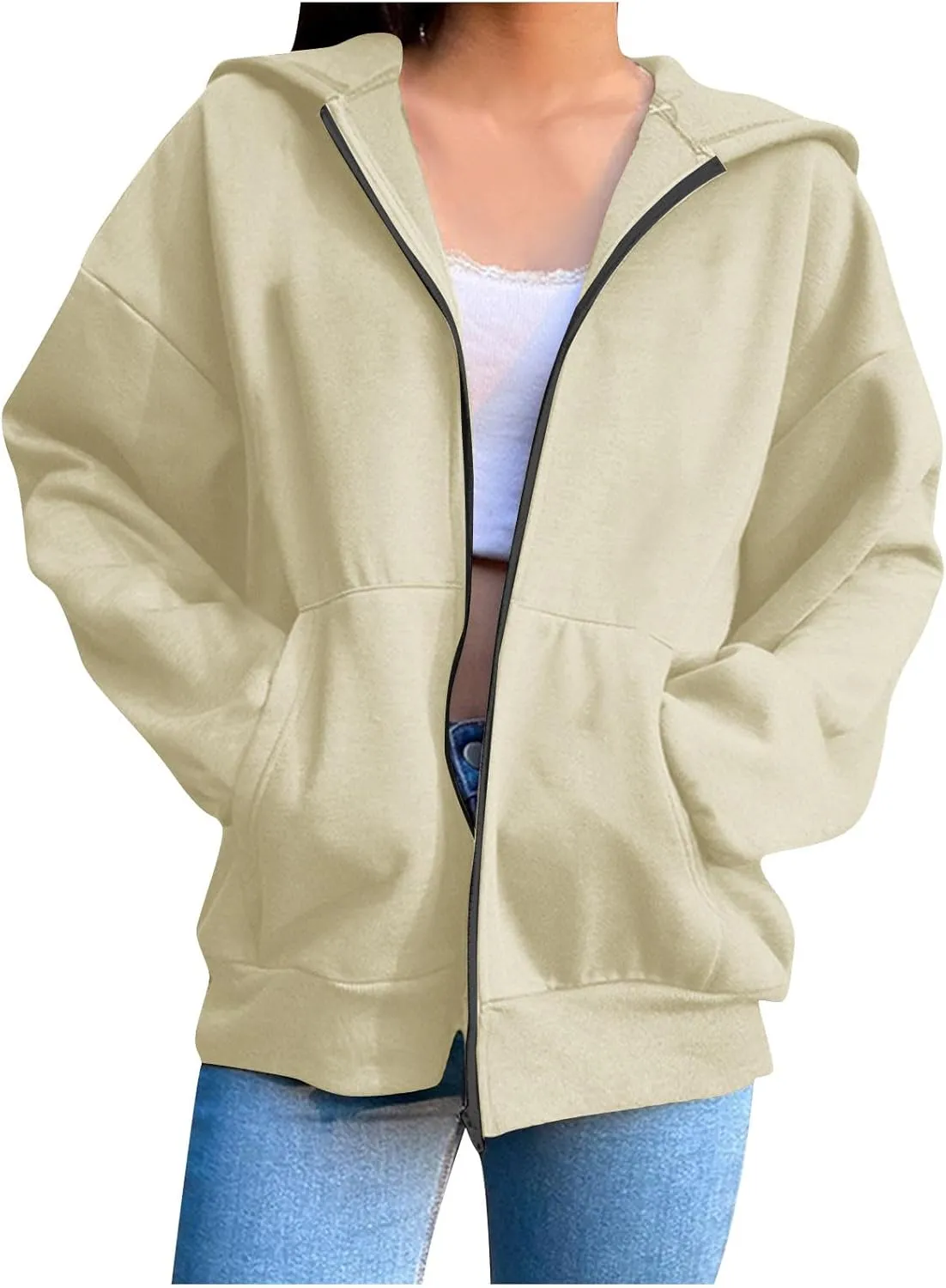 Women's Oversized Zipper V-Neck Hoodies,2024 Casual Fashion Long Sleeve Fleece Sweatshirts,Cute Winter Clothes