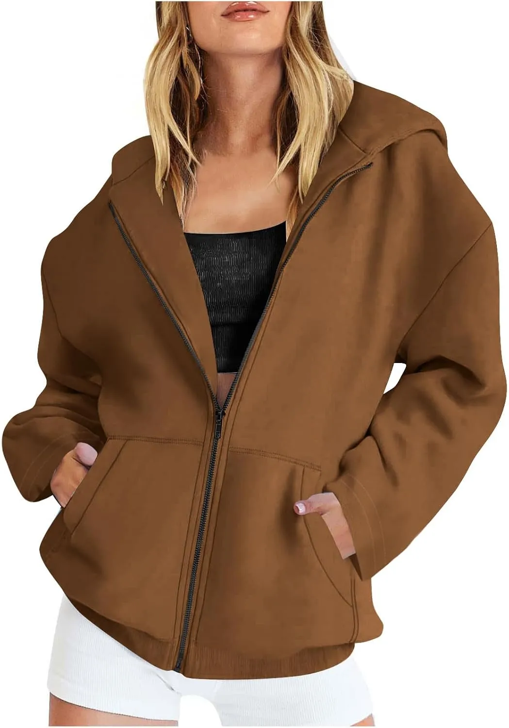 Women's Oversized Zipper V-Neck Hoodies,2024 Casual Fashion Long Sleeve Fleece Sweatshirts,Cute Winter Clothes