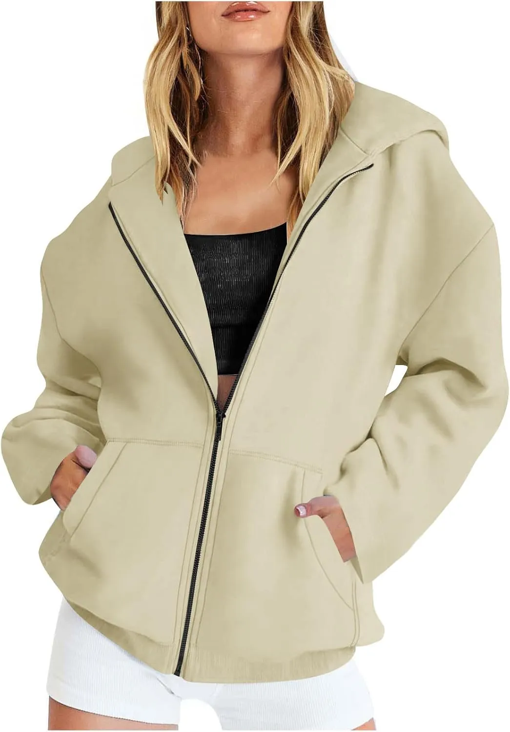 Women's Oversized Zipper V-Neck Hoodies,2024 Casual Fashion Long Sleeve Fleece Sweatshirts,Cute Winter Clothes