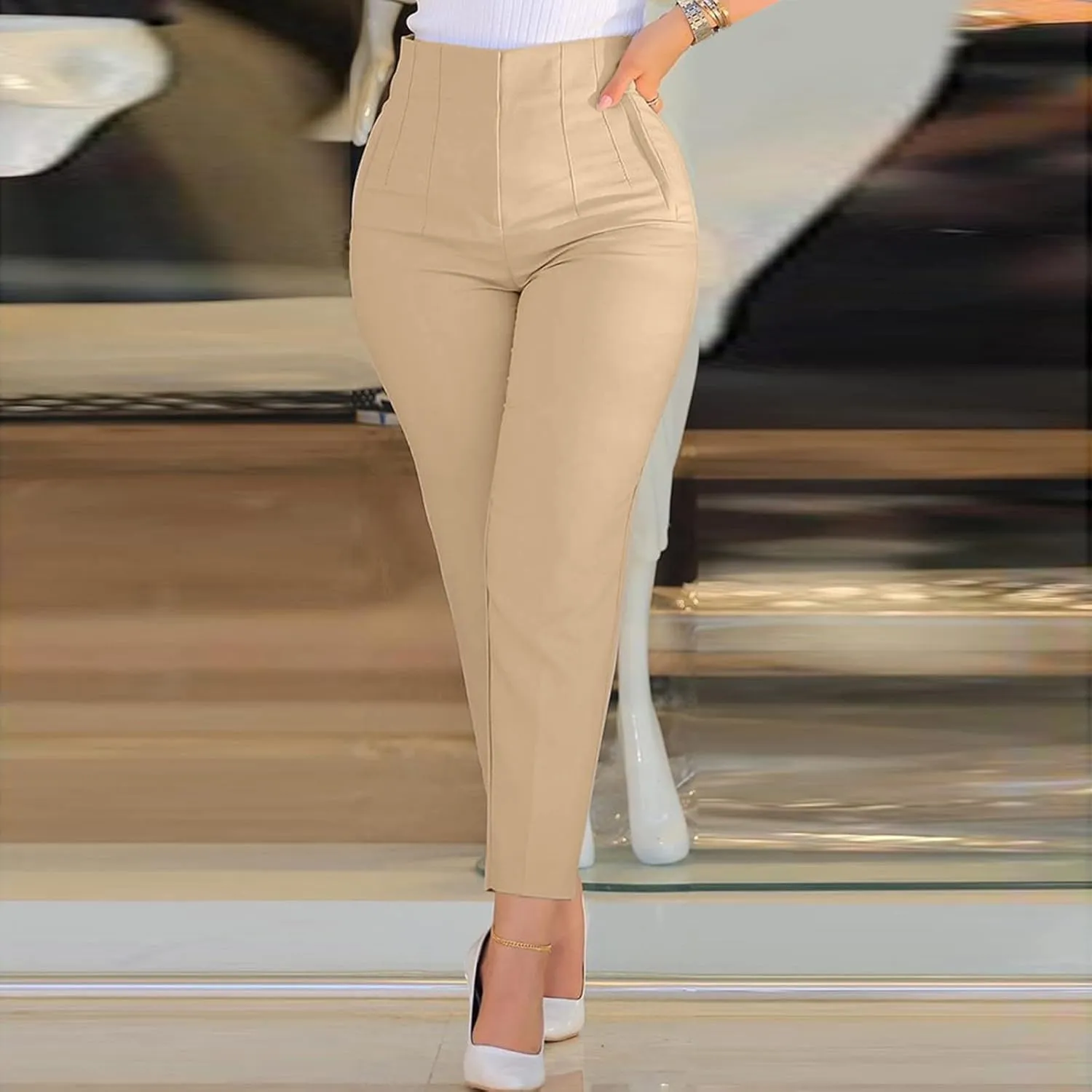 Womens Pants Casual High Waist Zipper Slim Capri Trousers Stretchy Pull-On Comfort Fit for Spring and Summer
