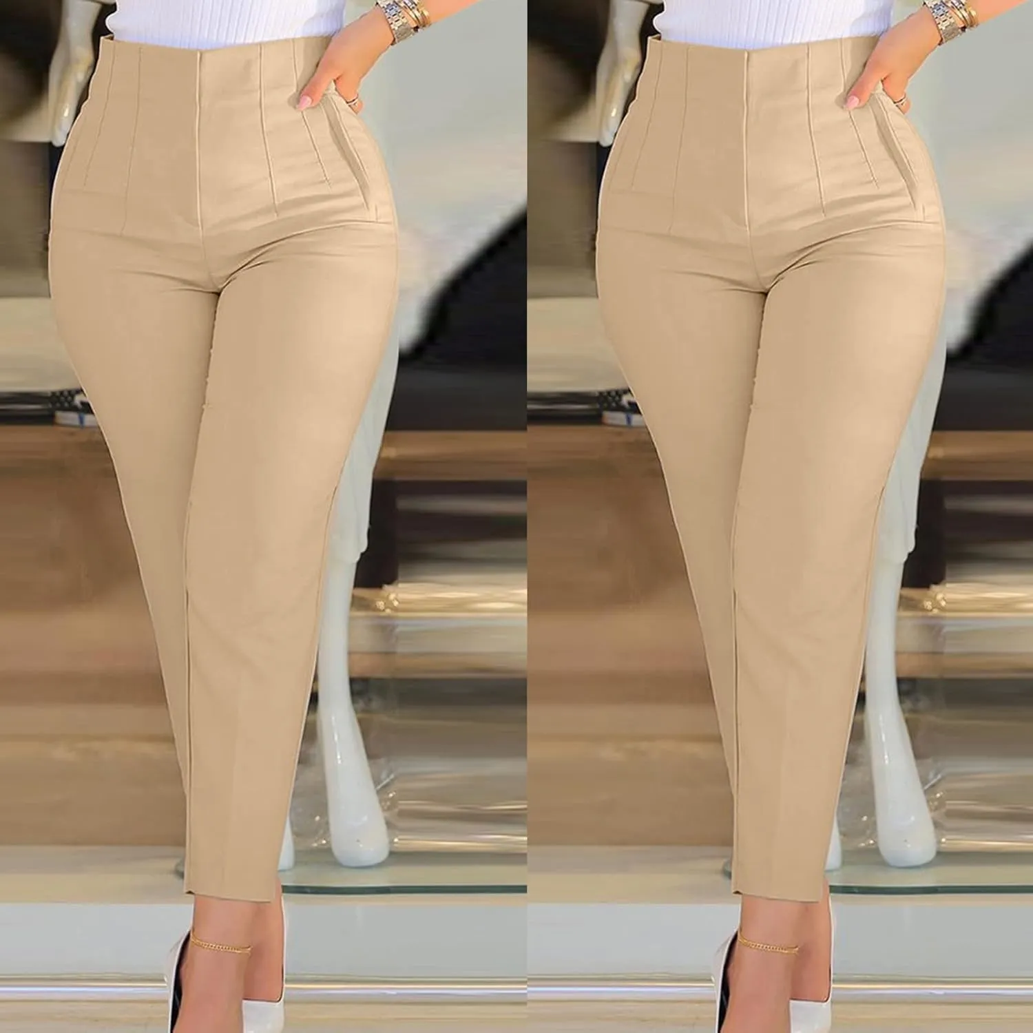 Womens Pants Casual High Waist Zipper Slim Capri Trousers Stretchy Pull-On Comfort Fit for Spring and Summer