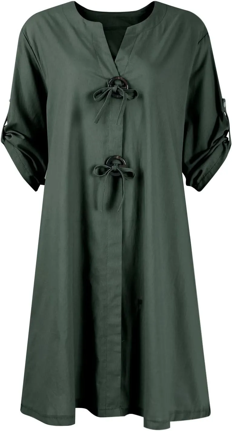 Womens Plus Size Linen Midi Dresses Trendy Summer Fall Long Sleeve Casual Button Elegant Formal Knee Length Dress