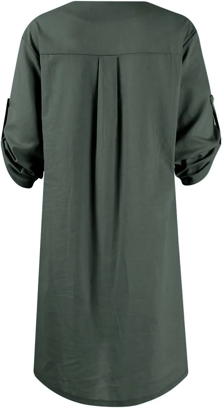 Womens Plus Size Linen Midi Dresses Trendy Summer Fall Long Sleeve Casual Button Elegant Formal Knee Length Dress