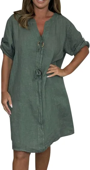 Womens Plus Size Linen Midi Dresses Trendy Summer Fall Long Sleeve Casual Button Elegant Formal Knee Length Dress