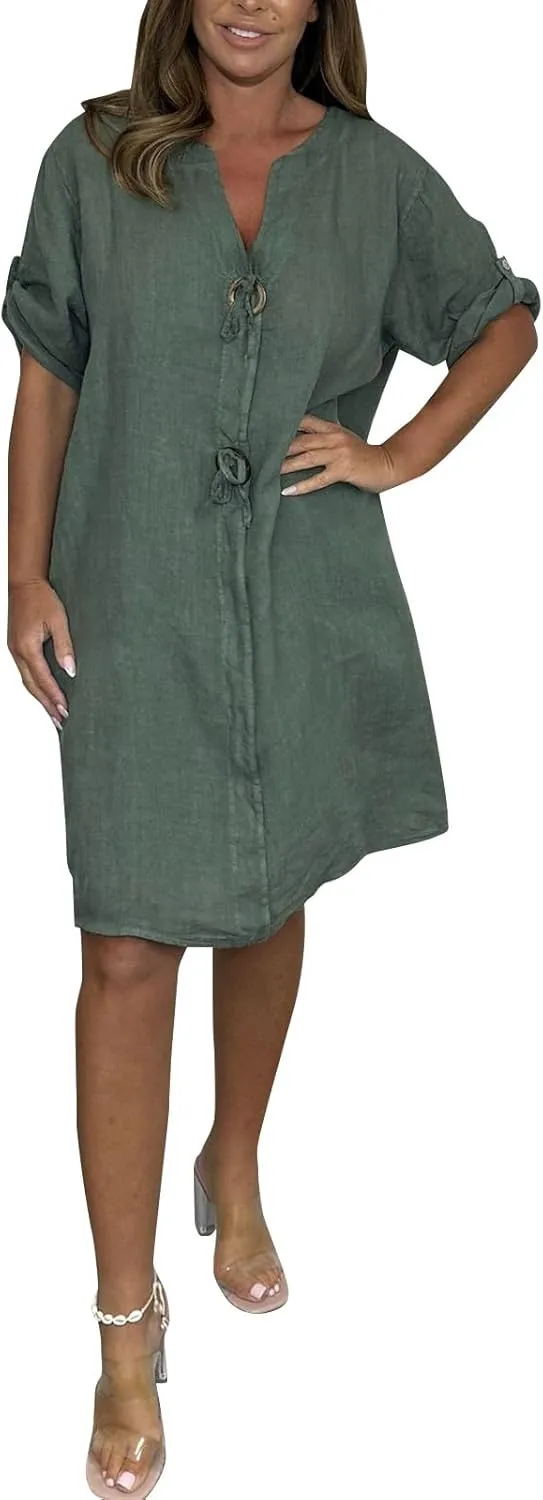 Womens Plus Size Linen Midi Dresses Trendy Summer Fall Long Sleeve Casual Button Elegant Formal Knee Length Dress