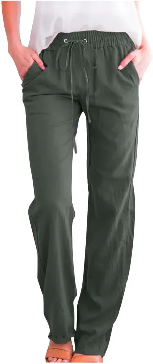 Women's Plus Size Summer Pants Straight Leg Linen Pants High Waisted Pants Loose Beach Pants Casual Vacation Trousers