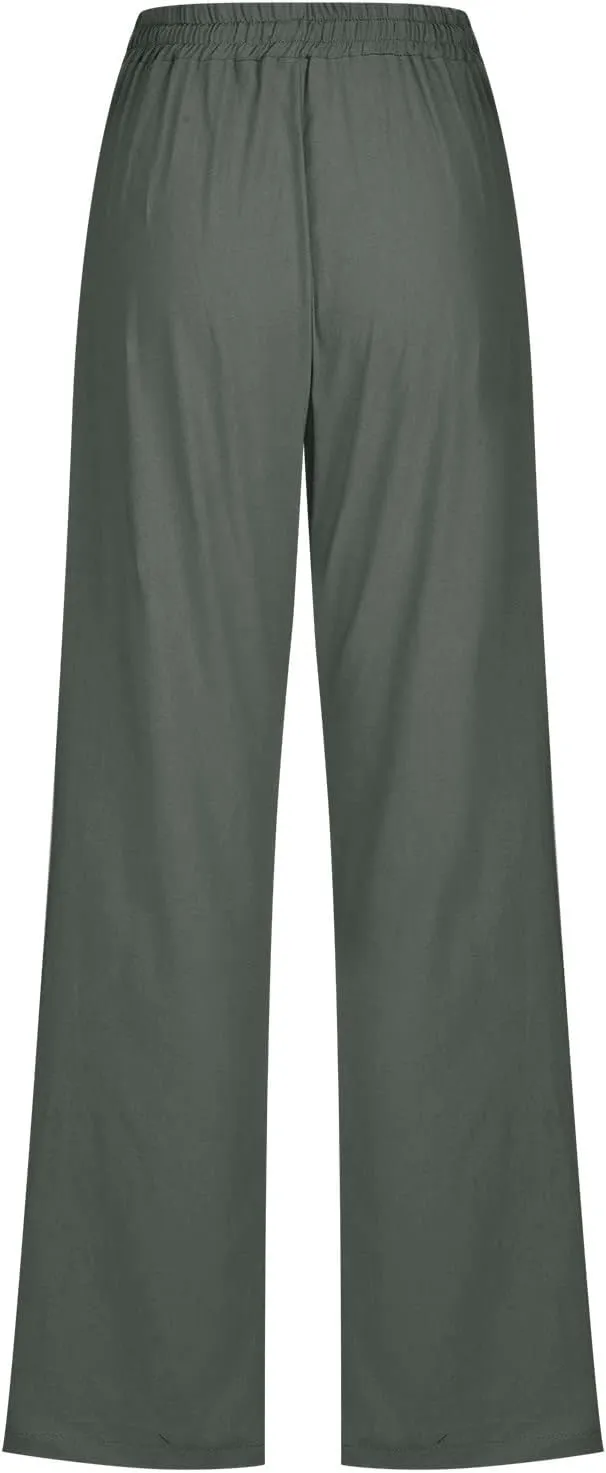 Women's Plus Size Summer Pants Straight Leg Linen Pants High Waisted Pants Loose Beach Pants Casual Vacation Trousers